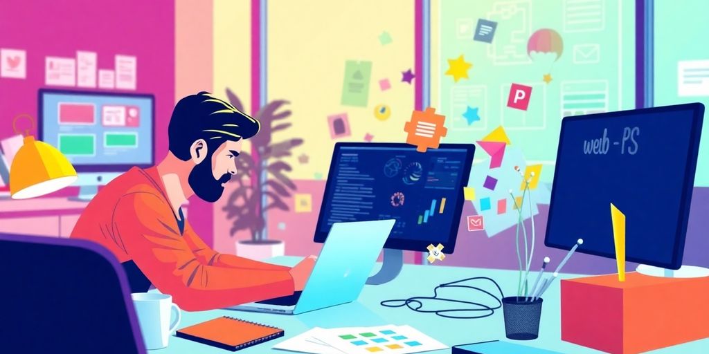 Designer working on web design with colorful elements.