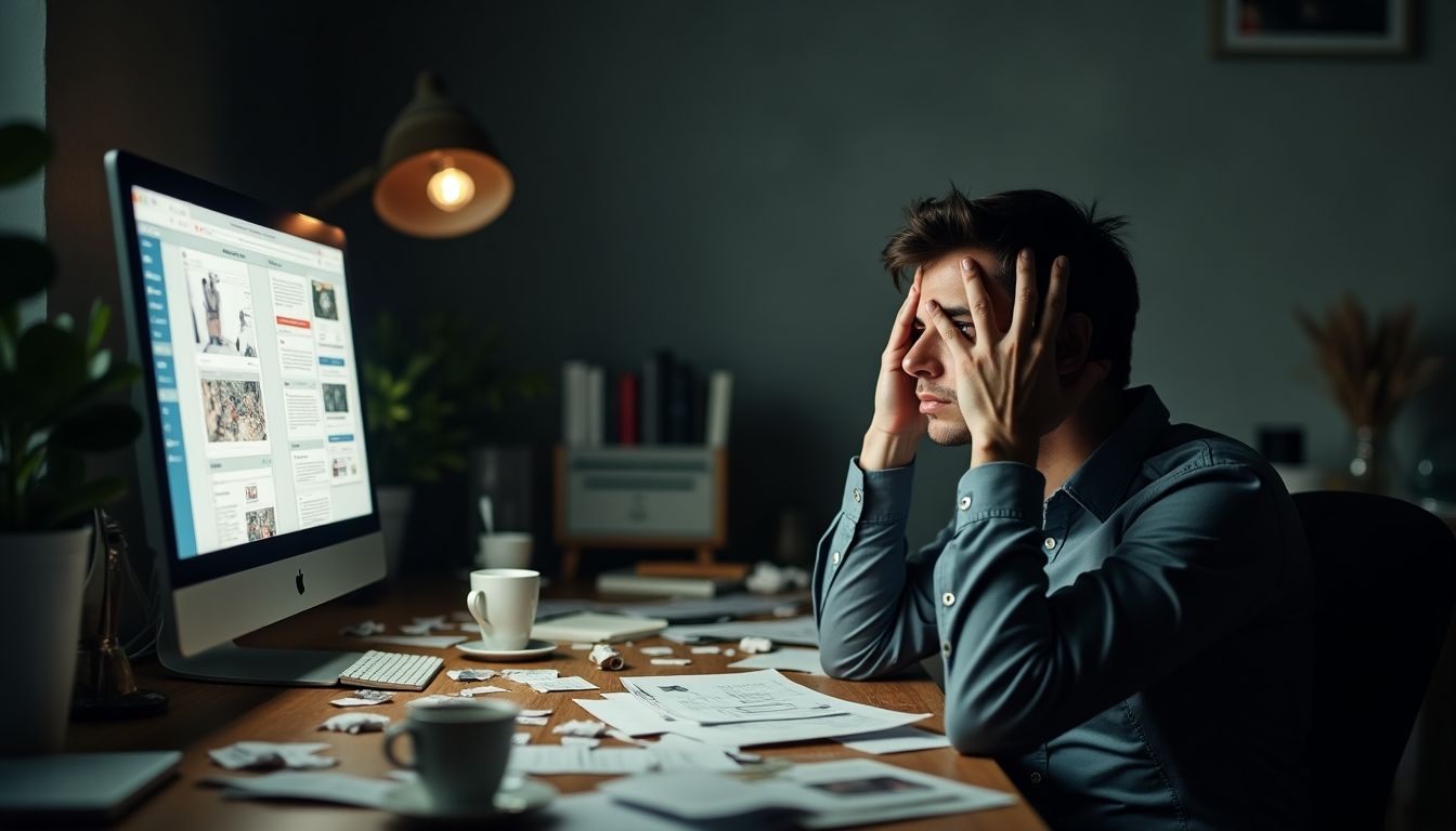 Strung out web designer in a chaotic workspace.