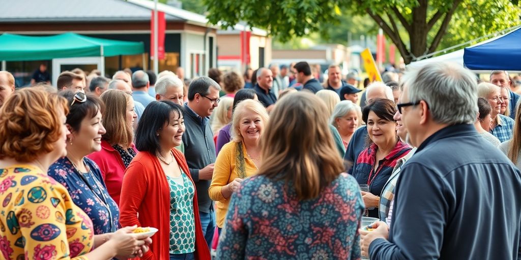 Local Nebraska community event with diverse residents interacting.