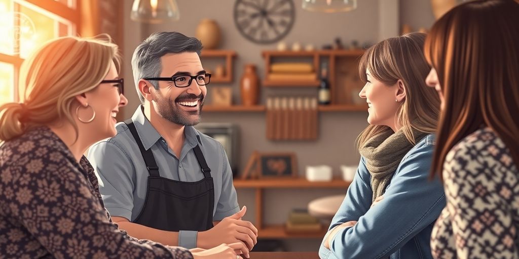 Nebraska business owner interacting with satisfied customers.