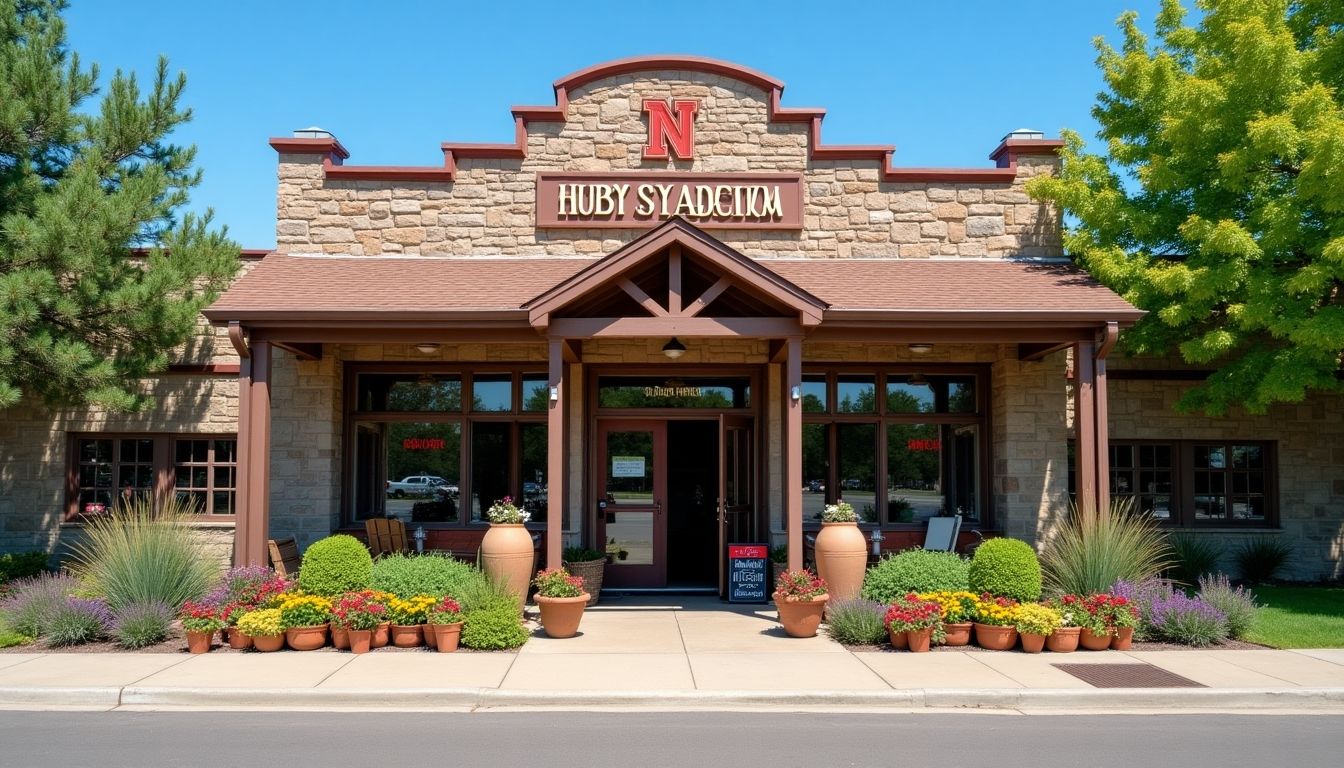 Nebraska storefront with local decor and greenery.