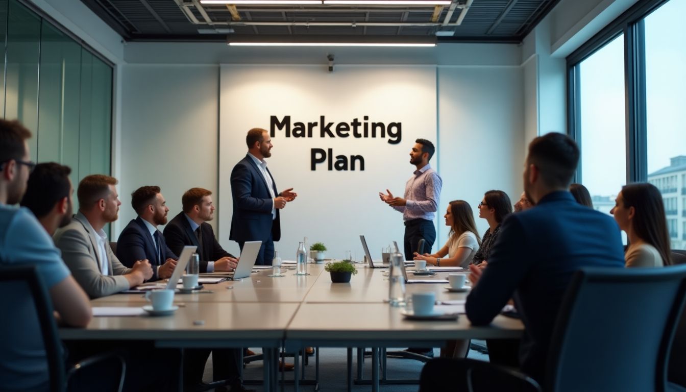 Conference room with people discussing a marketing plan.