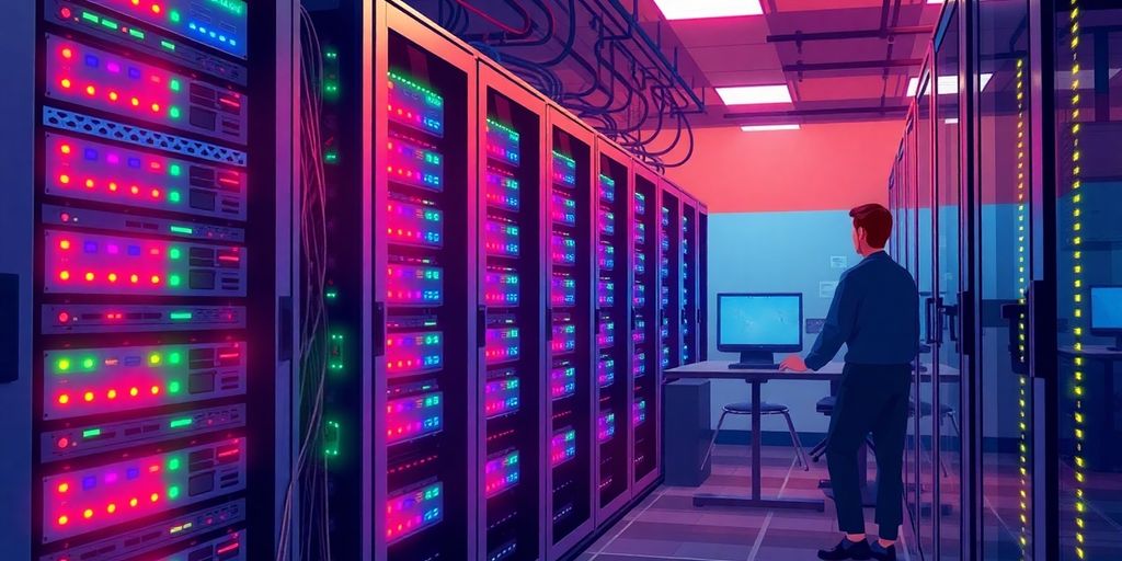 Illustrative server room with multiple server racks and lights.