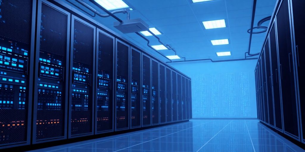 Modern data center with sleek servers and blue lights.