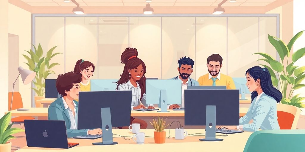 Diverse professionals collaborating in a modern office space.