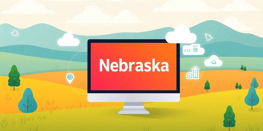 Nebraska landscape with web hosting elements and cloud icons.