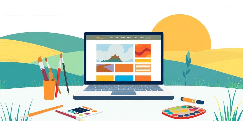Laptop with colorful website design and creative tools.
