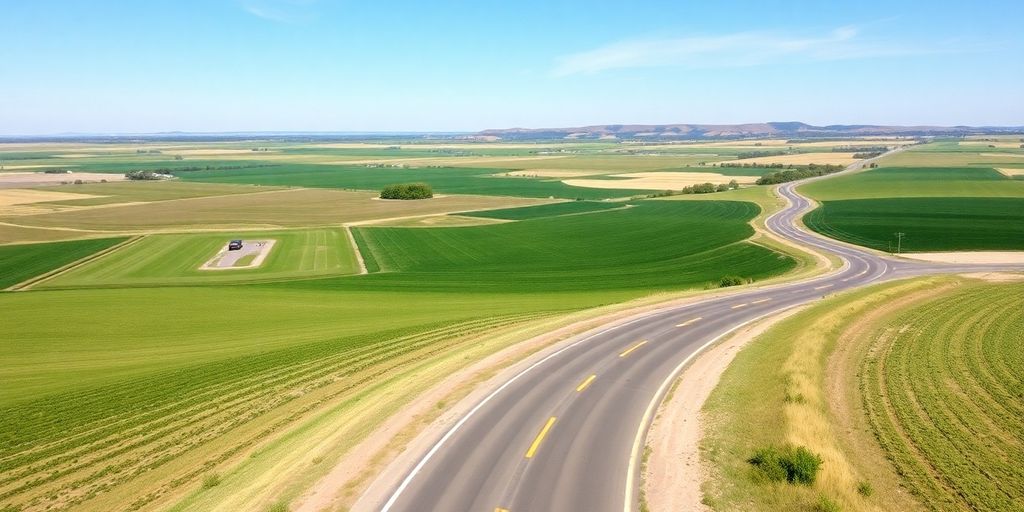 Scenic rural Nebraska landscape with fields and hills.