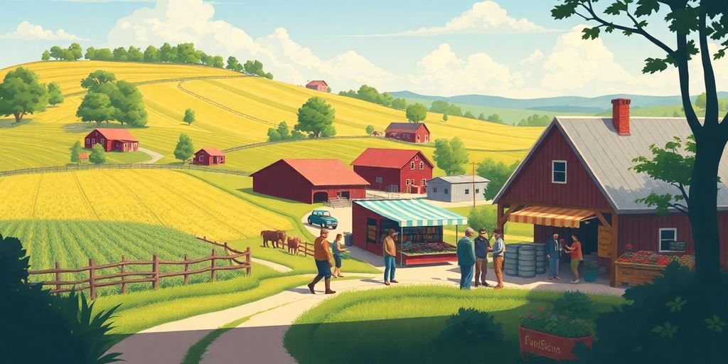 Rural landscape with small businesses and community atmosphere.