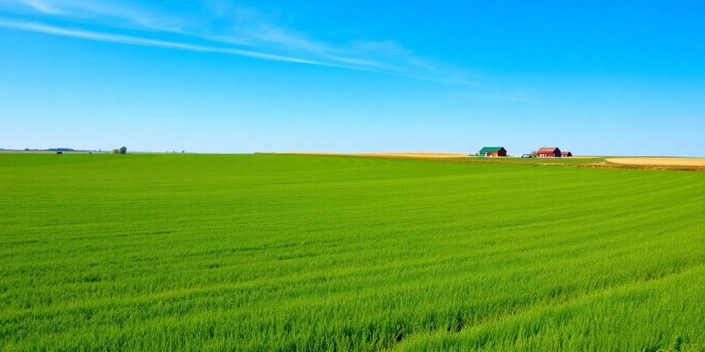 Rural Nebraska landscape with fields and a farm.