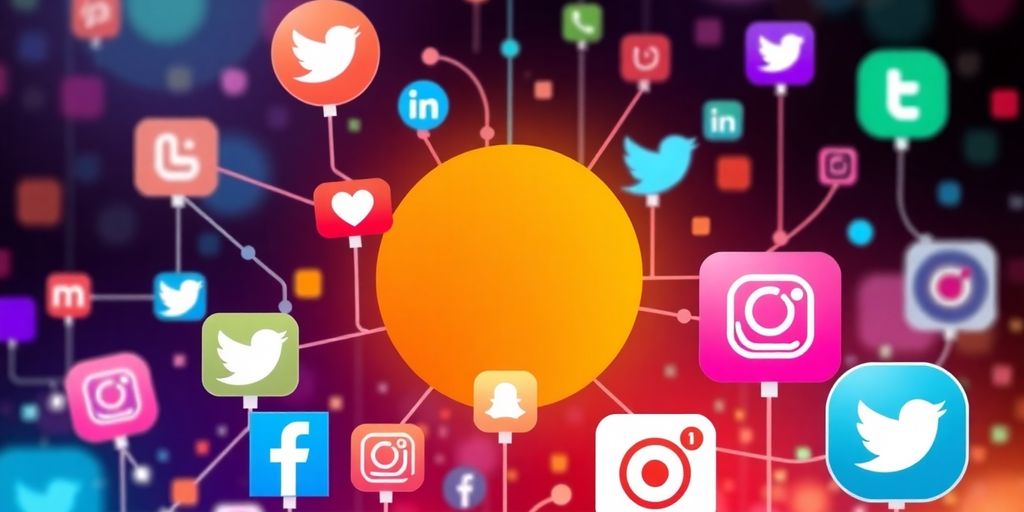 Colorful social media icons integrated with web design elements.