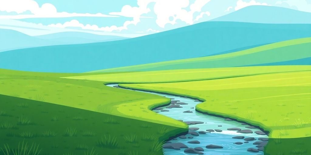 Serene Nebraska landscape with fields and a stream.