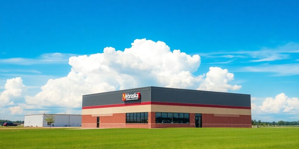 Nebraska landscape with a business recovering after a storm.