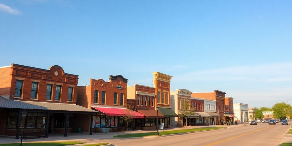 Small Nebraska town with historical buildings and street scene.