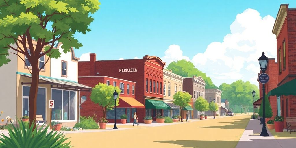 Illustrative view of a small Nebraska town landscape.