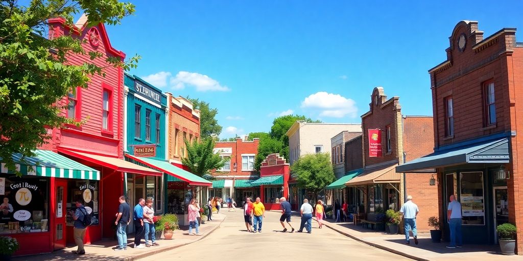 Small Nebraska town with colorful storefronts and locals.
