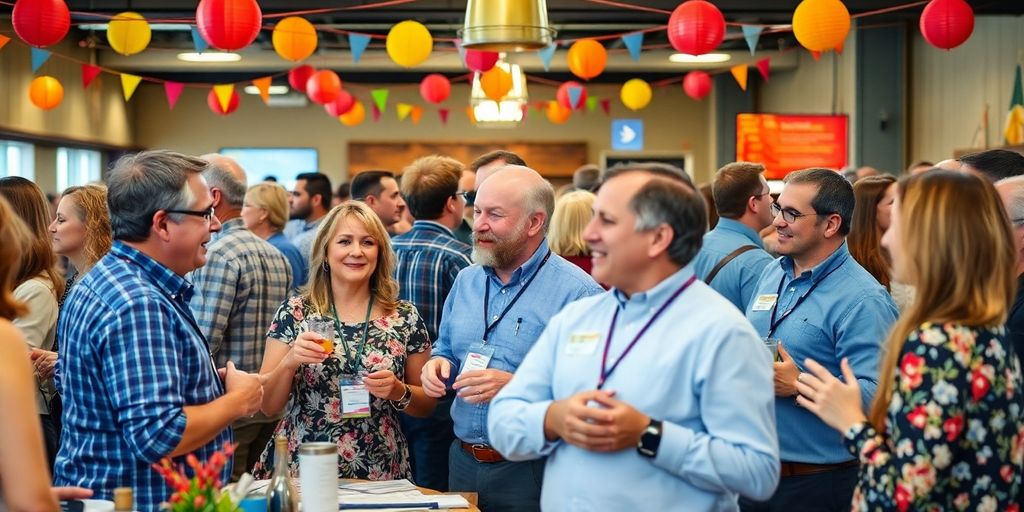 Local Nebraska business owners networking at a community event.