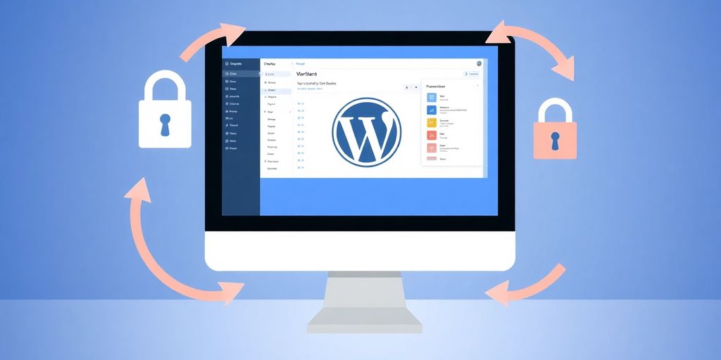 Illustrative image of WordPress dashboard with secure transfer symbols.