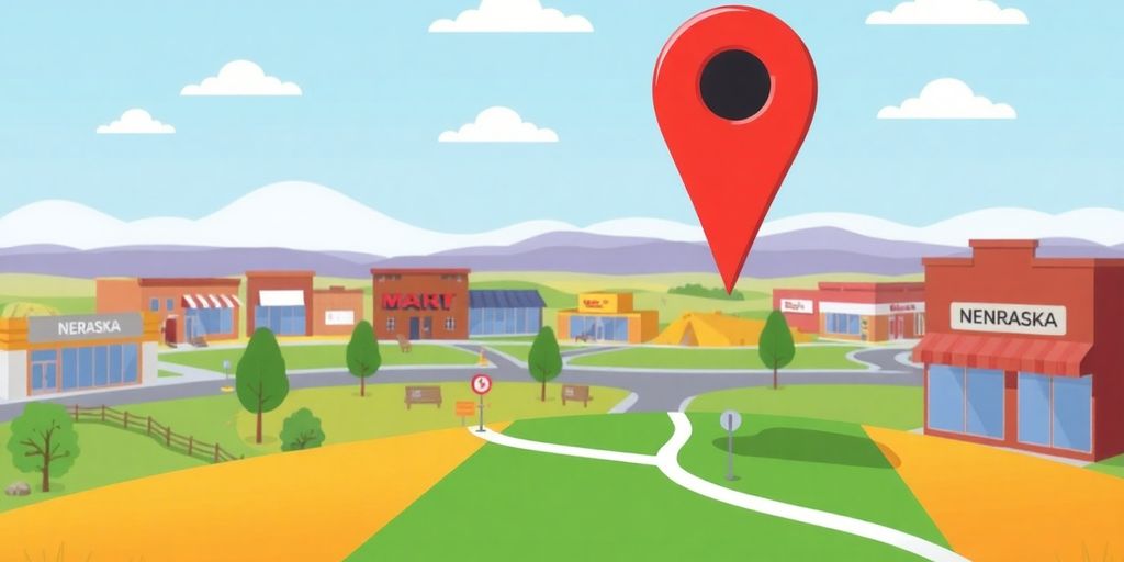 Colorful map pin on Nebraska landscape with businesses.