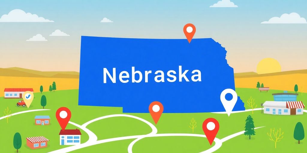 Nebraska landscape with business icons and map markers.