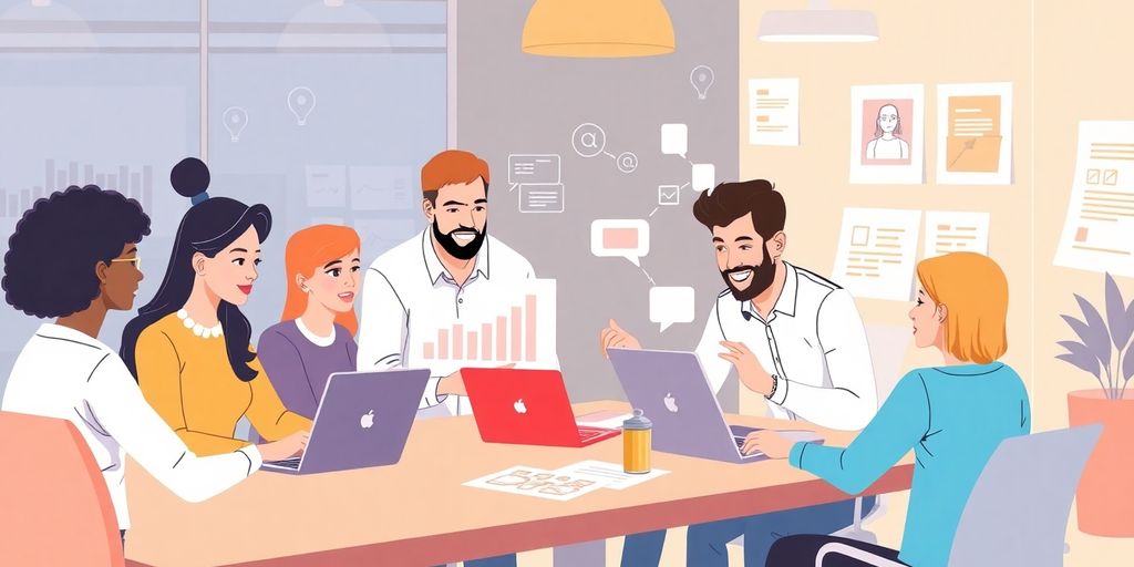 Team collaborating on digital marketing strategies in an office.