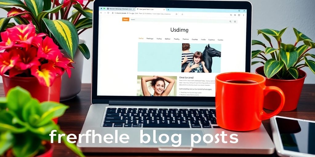 Laptop with a blog and coffee in a cozy setting.