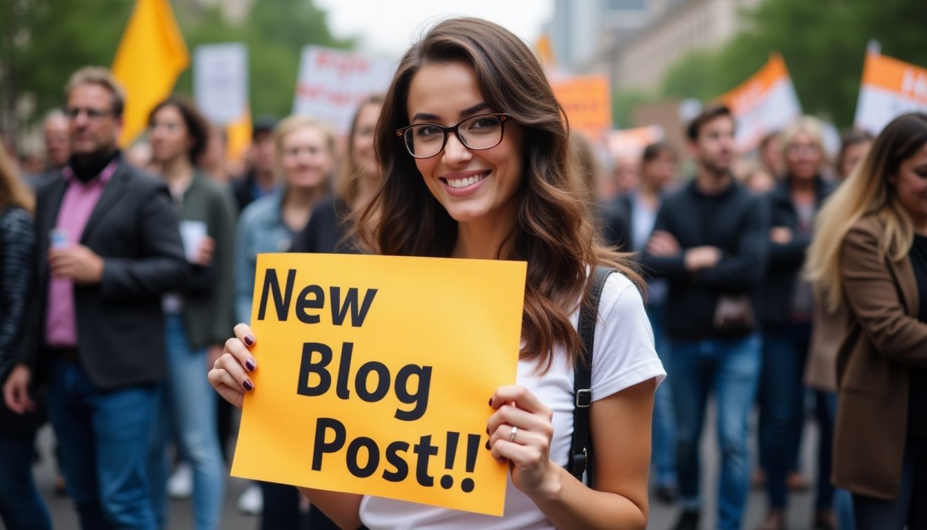Woman at protest holding 'New Blog Post' sign.