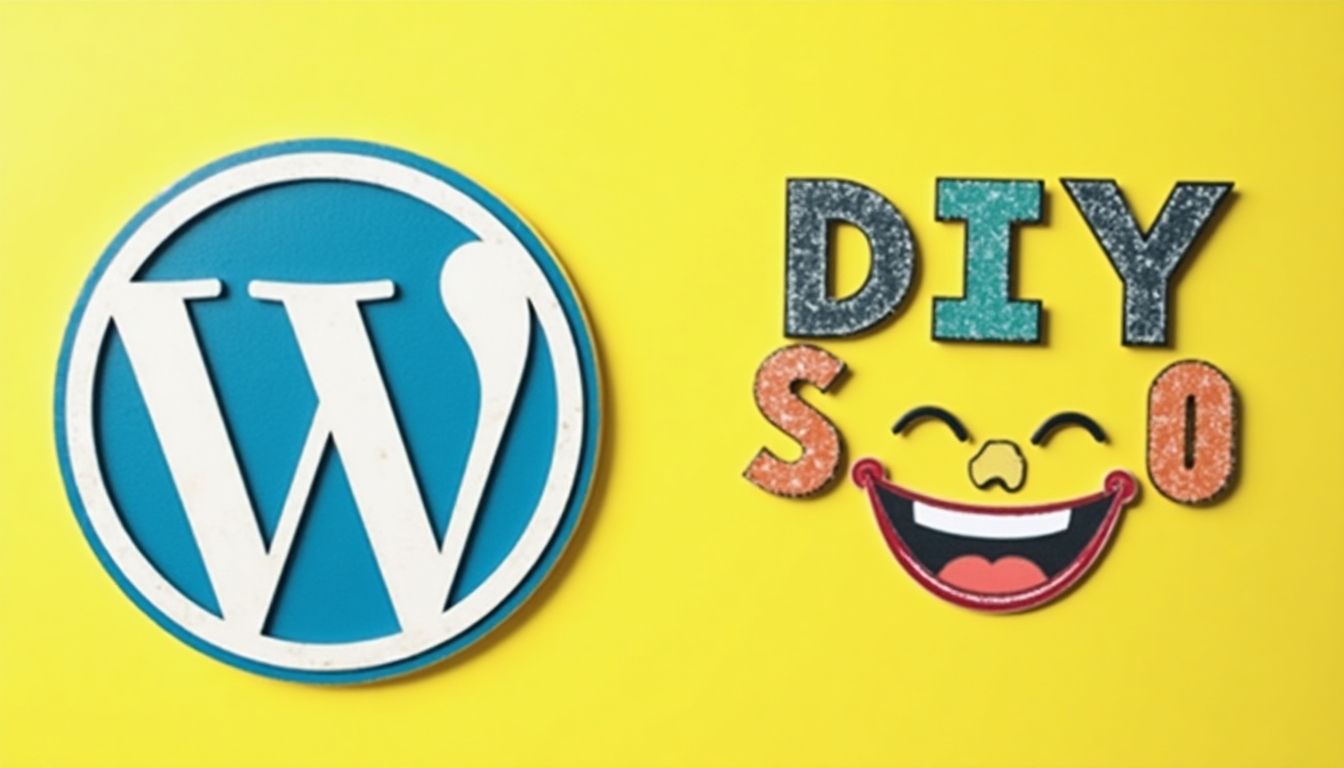 WordPress logo and happy face with 'DIY SEO' text.