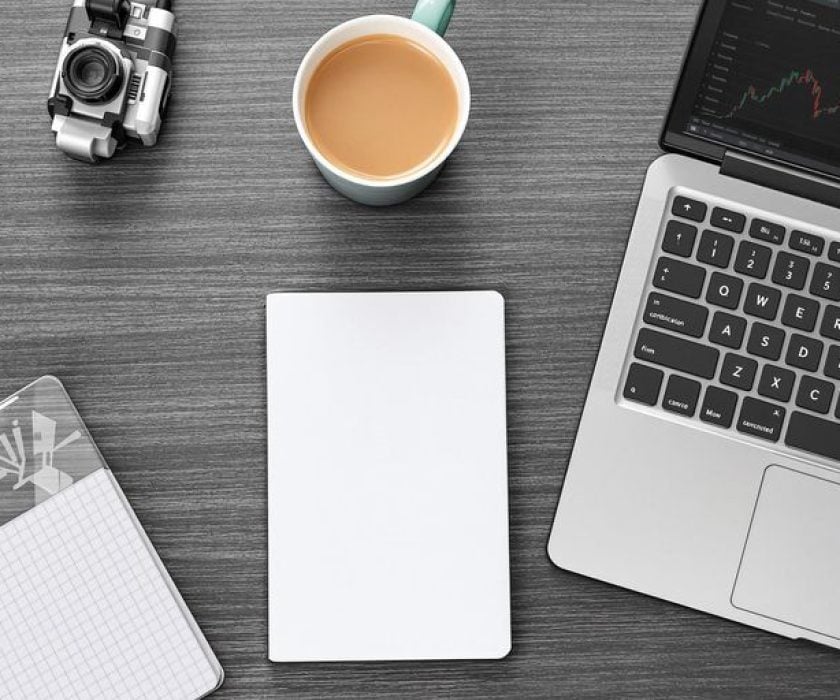 Workspace with laptop and notepad for SEO tasks.
