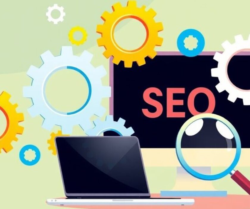 Illustration of SEO strategy with gears and a laptop.
